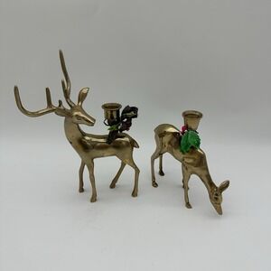 2 Vintage Brass Reindeer Candle Sticks Holders Buck and Doe Set Large Antlers